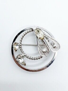 Vintage 1950s Mid Century Sterling Silver Circle Filagree And Rhinestone Brooch